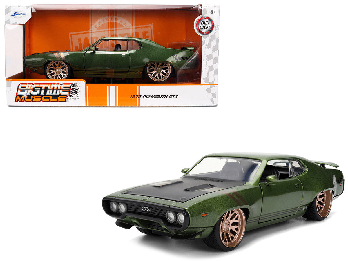 1972 Plymouth GTX Green Metallic with Matt Black Hood and Gold Stripes "Bigtime Muscle" Series 1/24 Diecast Model Car by Jada-0
