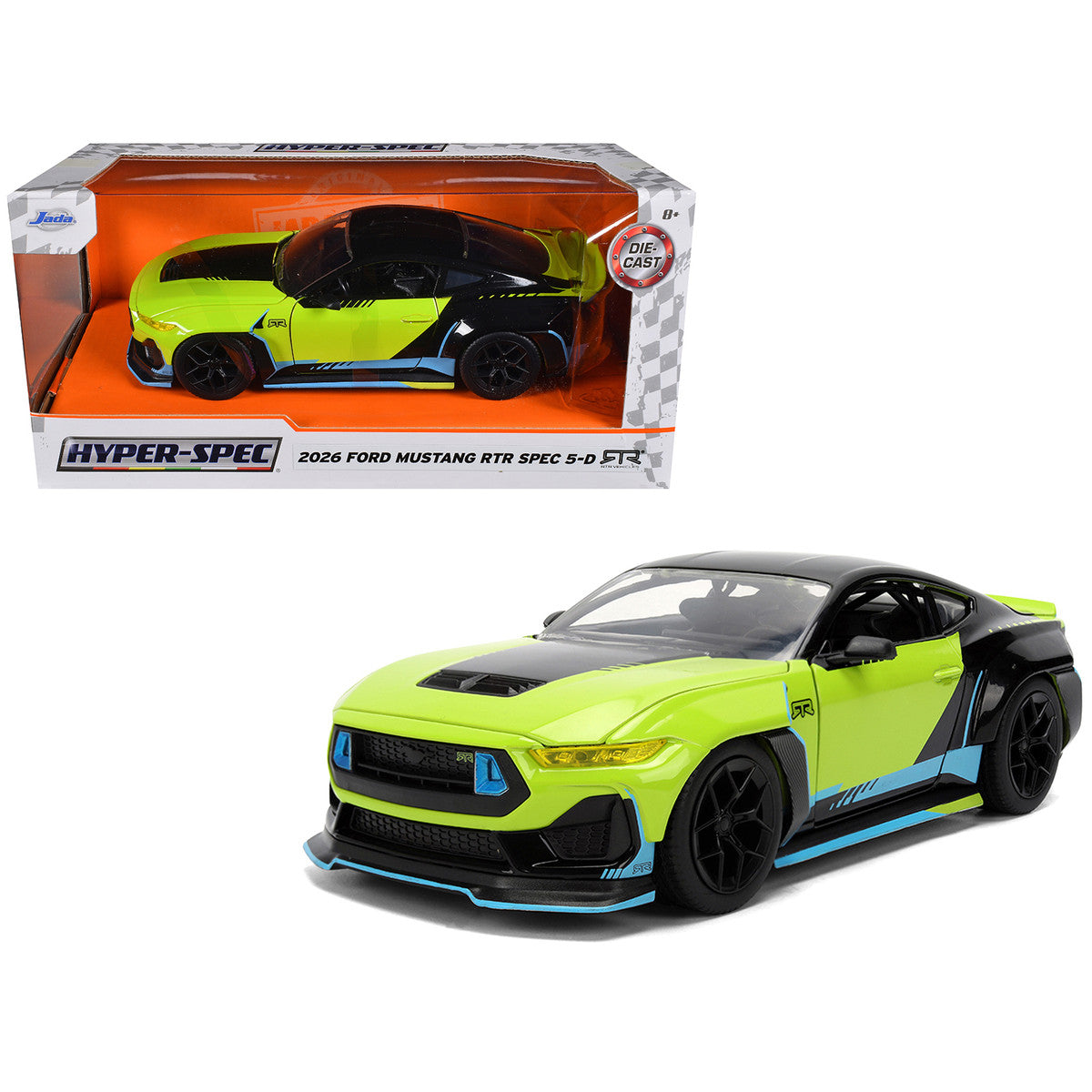 2026 Ford Mustang RTR Spec 5-D Lime Green with Black Top and Graphics "Hyper-Spec" Series 1/24 Diecast Model Car by Jada-0