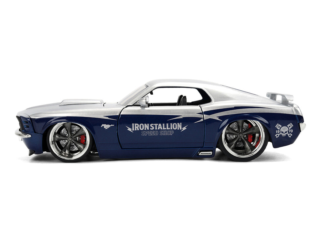 1970 Ford Mustang Boss 429 "Iron Stallion Speed Shop" Silver and Dark Blue Metallic "Bigtime Muscle" Series 1/24 Diecast Model Car by Jada-2