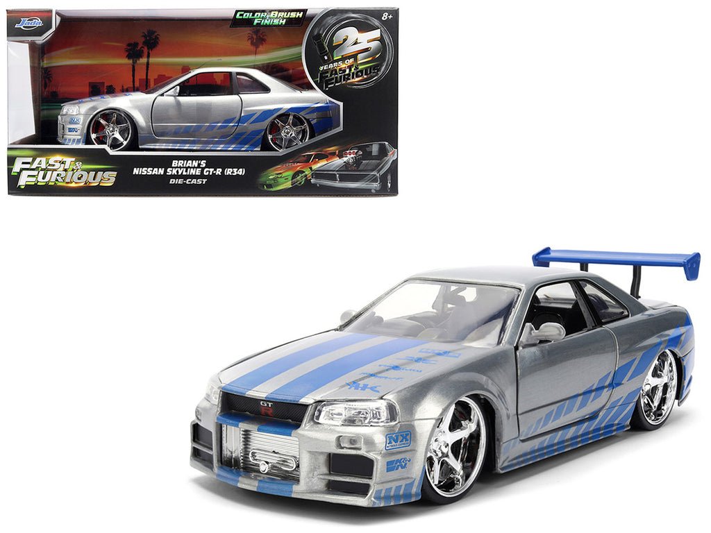 Brian's Nissan Skyline GT-R (R34) RHD (Right Hand Drive) Brush Finish  "2 Fast 2 Furious" (2003) Movie 25 Years of Fast & Furious Anniversary 1/24 by Jada-4