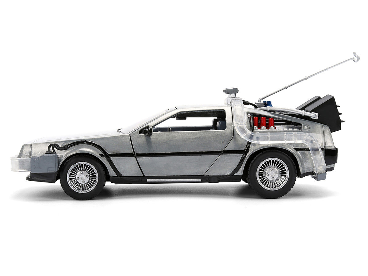 DeLorean Brushed Metal Time Machine with Lights "Back to the Future" (1985) Movie "40th Anniversary" Special Packaging "Hollywood Rides" Series 1/24 Diecast Model Car by Jada-0