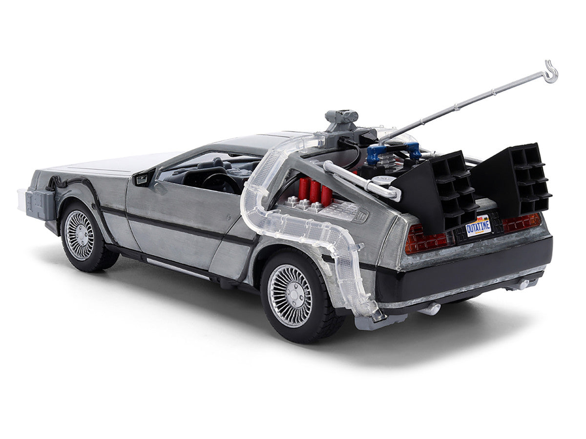 DeLorean Brushed Metal Time Machine with Lights "Back to the Future" (1985) Movie "40th Anniversary" Special Packaging "Hollywood Rides" Series 1/24 Diecast Model Car by Jada-1