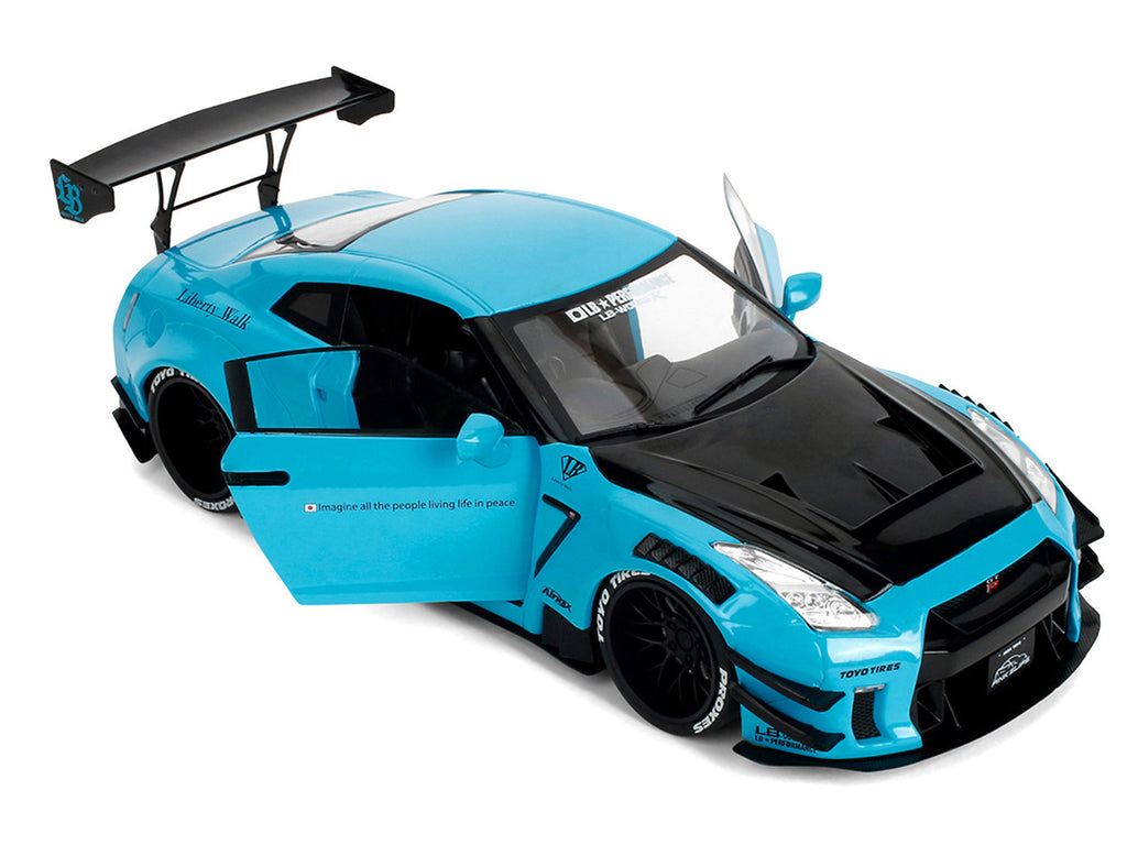 Nissan GT-R (R35) Liberty Walk Body Kit 2.0 RHD (Right Hand Drive) Blue with Black Hood "Pink Slips" Series 1/18 Diecast Model Car by Jada-3
