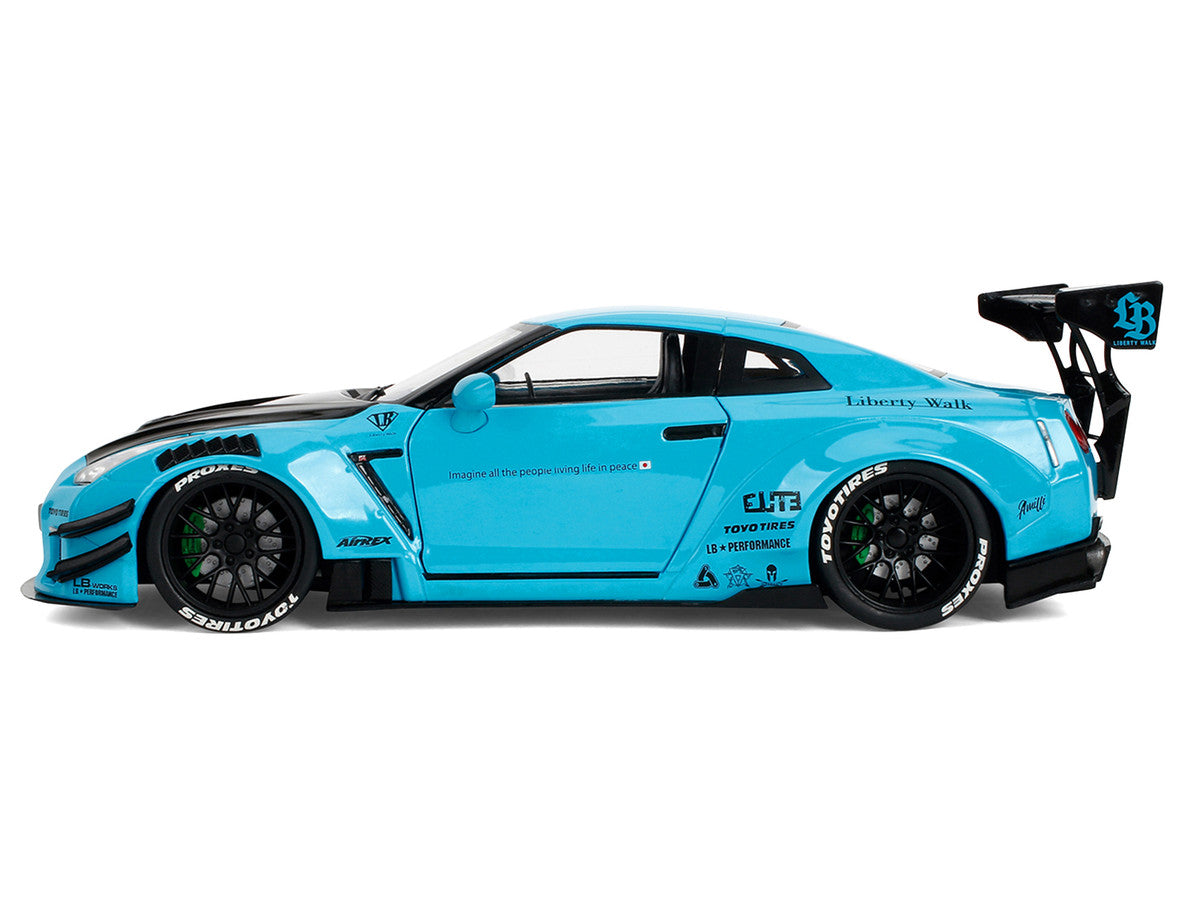 Nissan GT-R (R35) Liberty Walk Body Kit 2.0 RHD (Right Hand Drive) Blue with Black Hood "Pink Slips" Series 1/18 Diecast Model Car by Jada-1