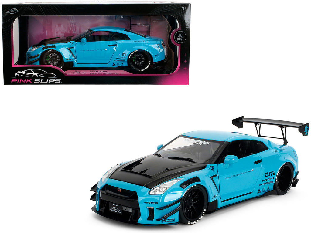 Nissan GT-R (R35) Liberty Walk Body Kit 2.0 RHD (Right Hand Drive) Blue with Black Hood "Pink Slips" Series 1/18 Diecast Model Car by Jada-4