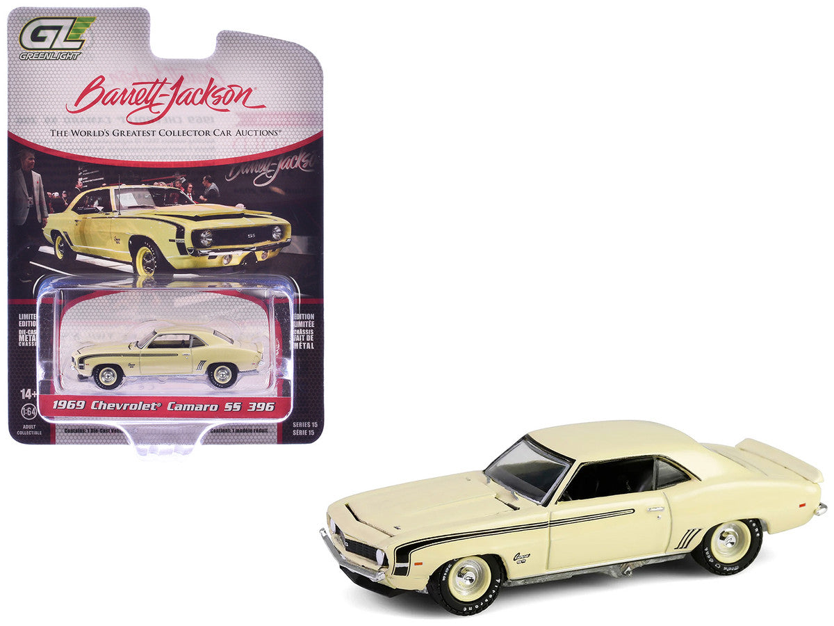 1969 Chevrolet Camaro SS 396 Butternut Yellow with Black Stripes "Barrett-Jackson" Series 15 1/64 Diecast Model Car by Greenlight-0