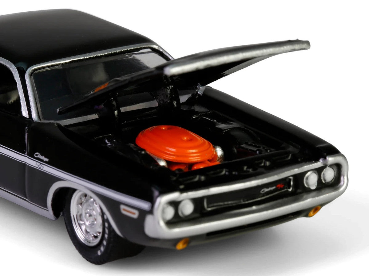 1970 Dodge Challenger R/T 440 Black with White Stripes "Barrett-Jackson" Series 15 1/64 Diecast Model Car by Greenlight-0