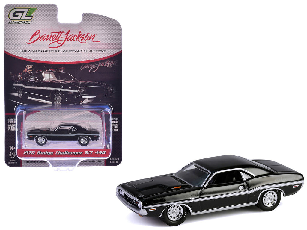 1970 Dodge Challenger R/T 440 Black with White Stripes "Barrett-Jackson" Series 15 1/64 Diecast Model Car by Greenlight-4
