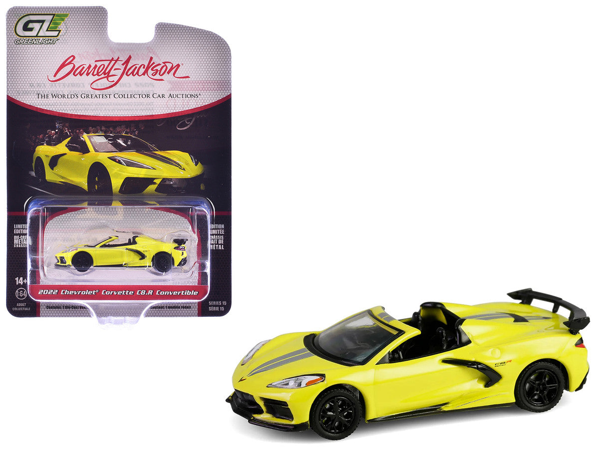 2022 Chevrolet Corvette C8.R Convertible Yellow with Silver Stripes "Barrett-Jackson" Series 15 1/64 Diecast Model Car by Greenlight-2