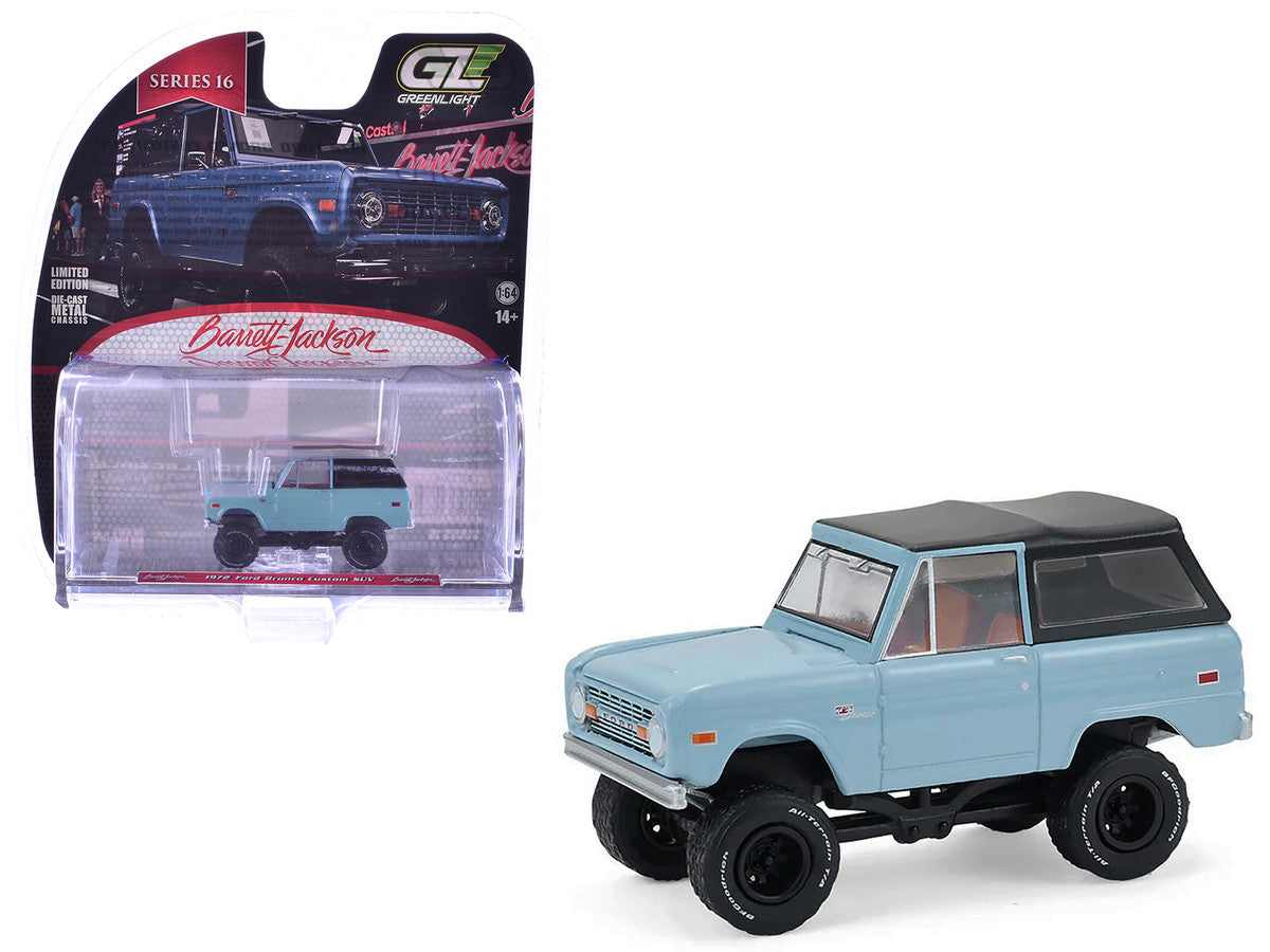 1972 Ford Bronco Custom SUV Light Blue with Black Top "Barrett-Jackson" Series 16 1/64 Diecast Model Car by Greenlight-4