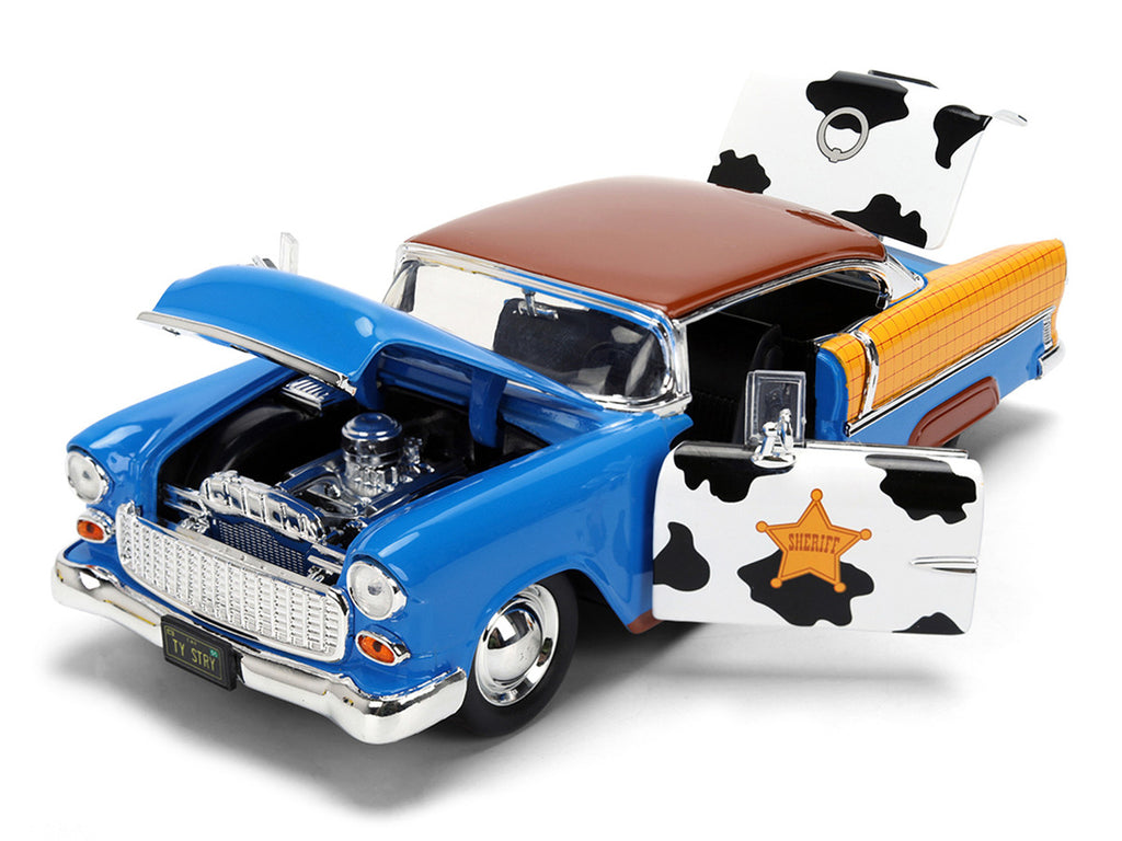 1955 Chevrolet Bel Air Blue with Graphics and Woody Diecast Figure "Toy Story" Franchise "Hollywood Rides" Series 1/24 Diecast Model Car by Jada-1