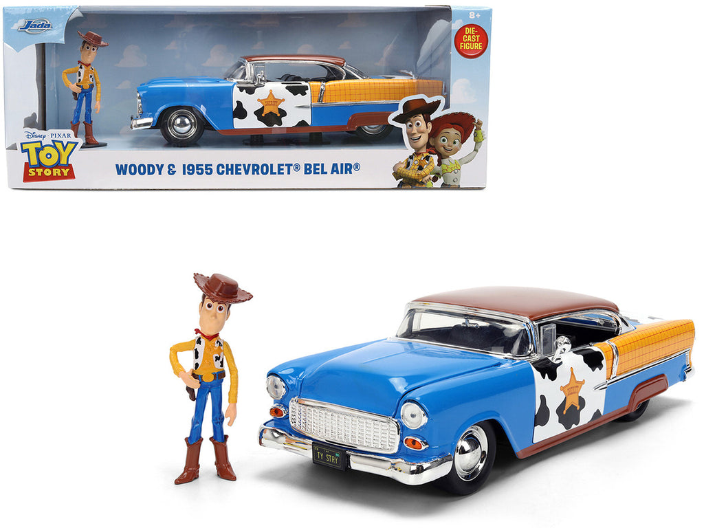 1955 Chevrolet Bel Air Blue with Graphics and Woody Diecast Figure "Toy Story" Franchise "Hollywood Rides" Series 1/24 Diecast Model Car by Jada-0