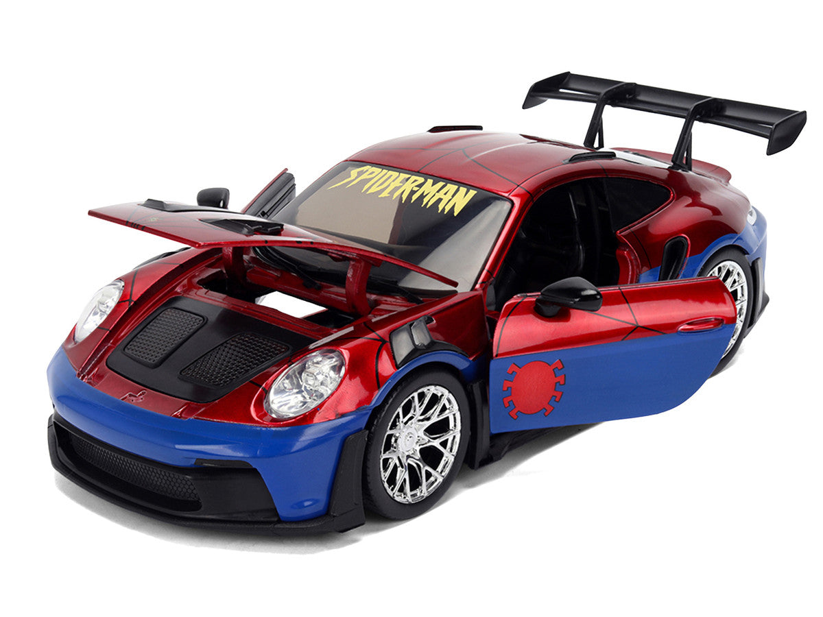 Porsche 911 GT3 RS (992) Red and Blue with Graphics and Spider-Man Diecast Figure "Marvel Spider-Man" "Hollywood Rides" Series 1/24 Diecast Model Car by Jada-1