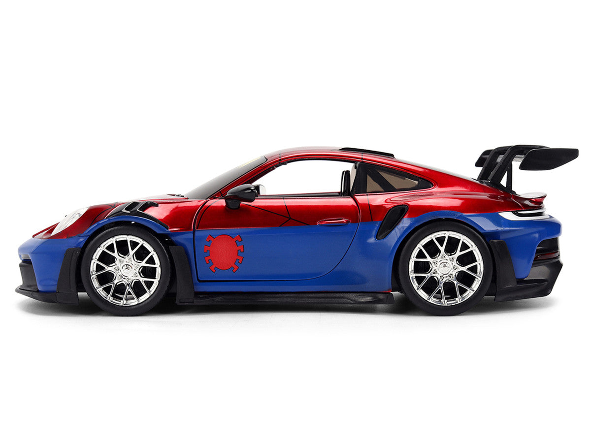 Porsche 911 GT3 RS (992) Red and Blue with Graphics and Spider-Man Diecast Figure "Marvel Spider-Man" "Hollywood Rides" Series 1/24 Diecast Model Car by Jada-2