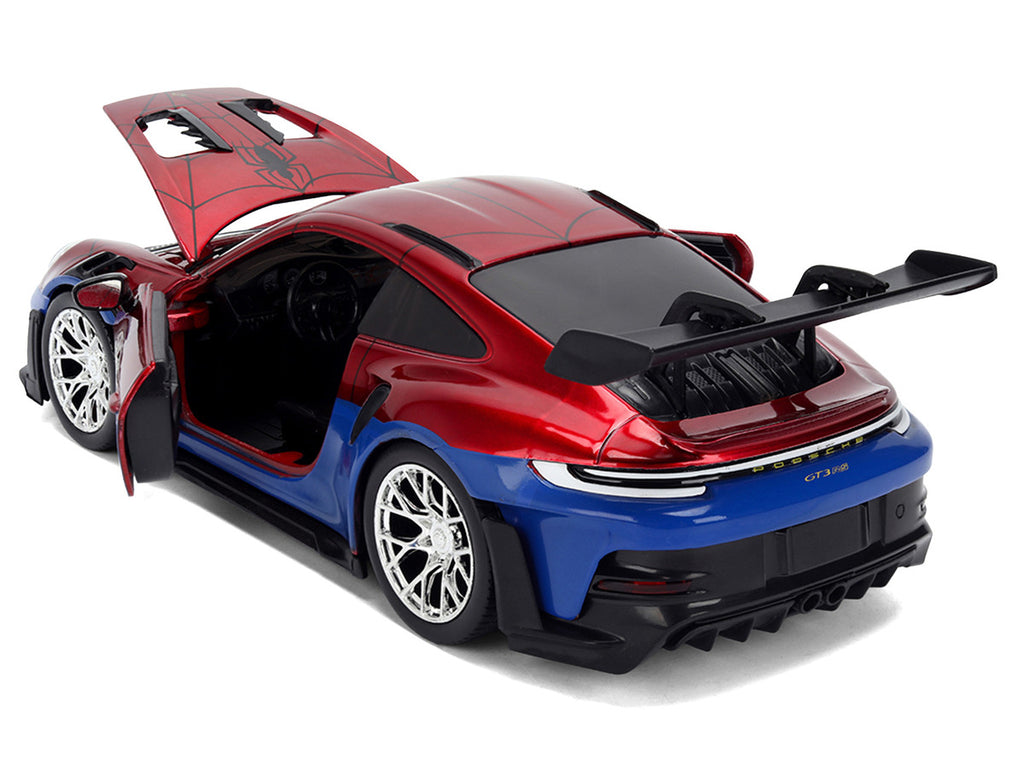 Porsche 911 GT3 RS (992) Red and Blue with Graphics and Spider-Man Diecast Figure "Marvel Spider-Man" "Hollywood Rides" Series 1/24 Diecast Model Car by Jada-3