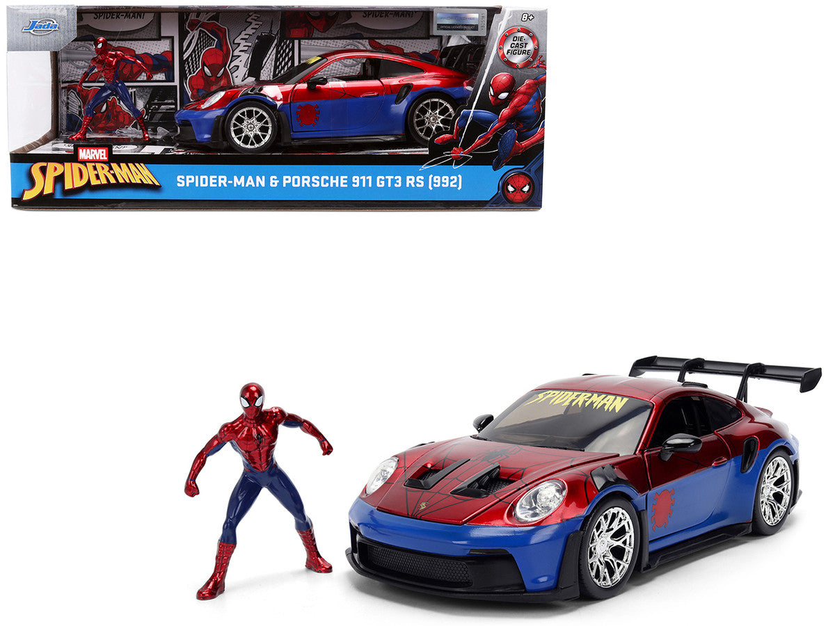 Porsche 911 GT3 RS (992) Red and Blue with Graphics and Spider-Man Diecast Figure "Marvel Spider-Man" "Hollywood Rides" Series 1/24 Diecast Model Car by Jada-0