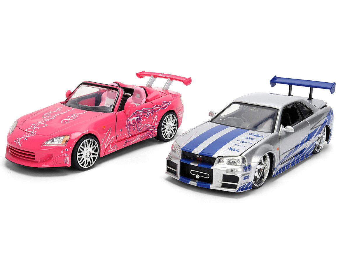 Brian's Nissan Skyline GT-R (R34) Silver Metallic with Blue Stripes and Suki's Honda S2000 Pink with Graphics Set of 2 Cars "Fast & Furious 25th Anniversary" "Fast & Furious" Series 1/24 Diecast Model Cars by Jada-1