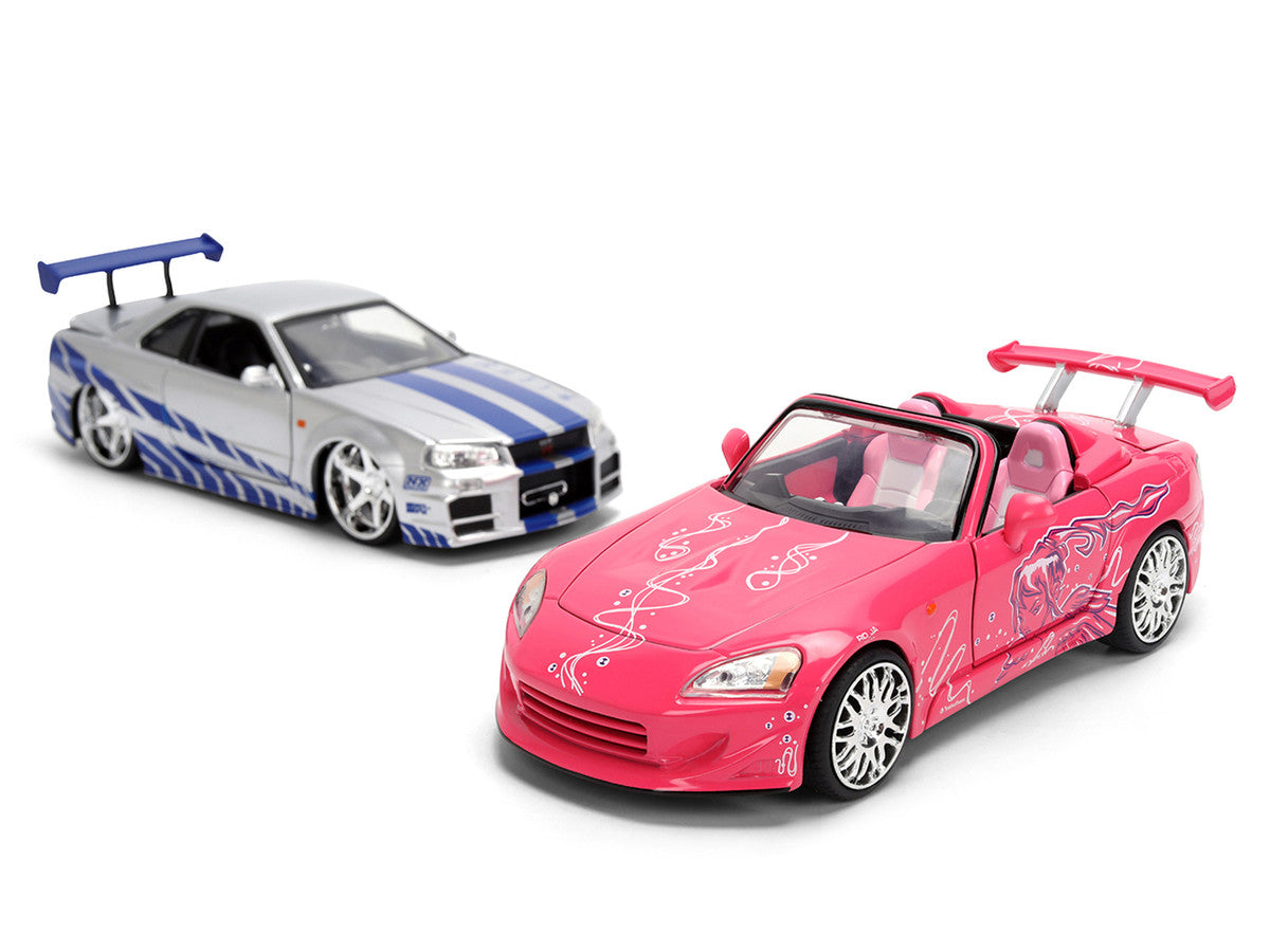 Brian's Nissan Skyline GT-R (R34) Silver Metallic with Blue Stripes and Suki's Honda S2000 Pink with Graphics Set of 2 Cars "Fast & Furious 25th Anniversary" "Fast & Furious" Series 1/24 Diecast Model Cars by Jada-2
