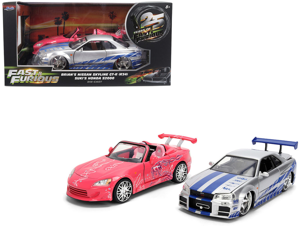 Brian's Nissan Skyline GT-R (R34) Silver Metallic with Blue Stripes and Suki's Honda S2000 Pink with Graphics Set of 2 Cars "Fast & Furious 25th Anniversary" "Fast & Furious" Series 1/24 Diecast Model Cars by Jada-0