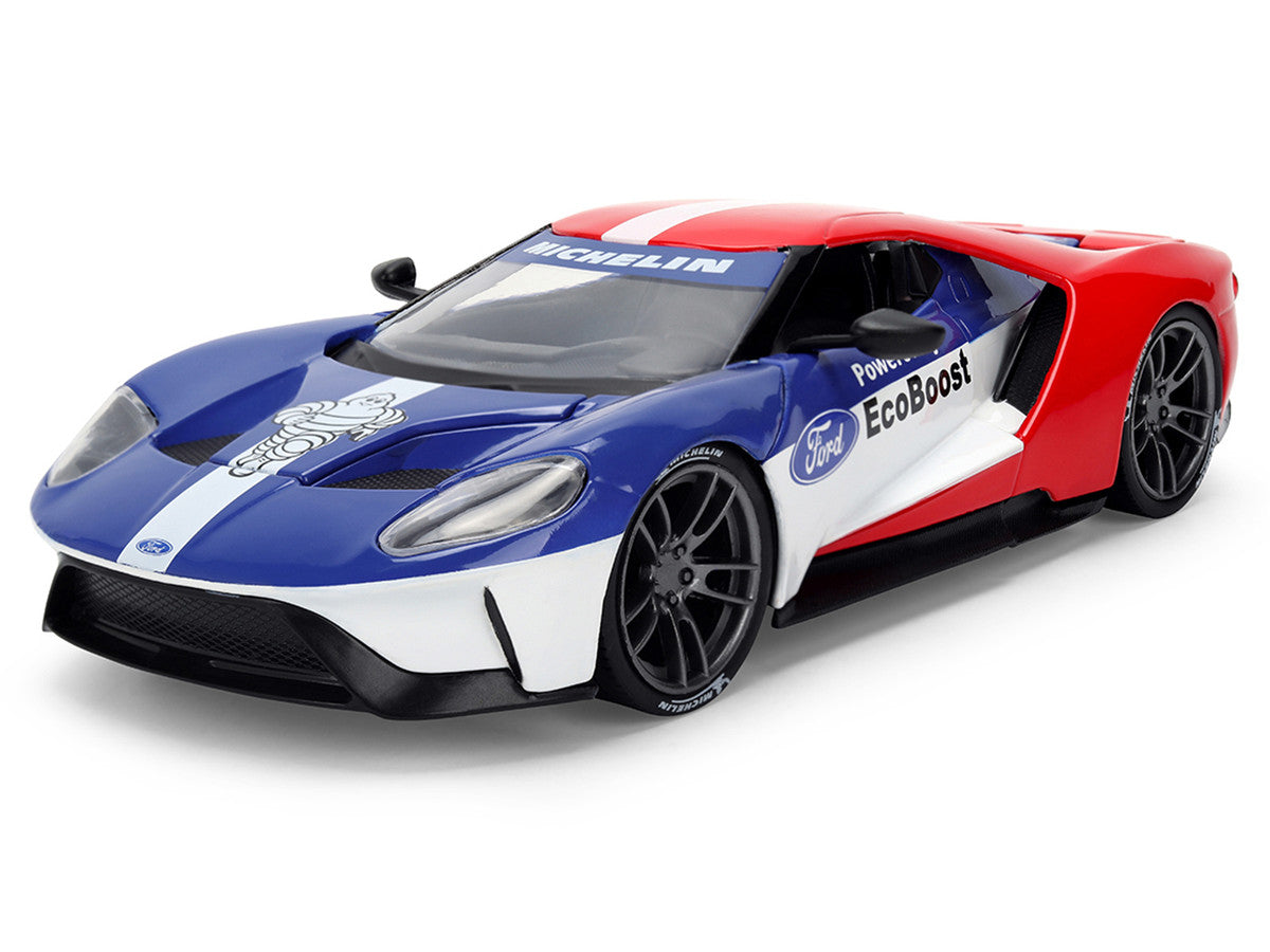 2017 Ford GT Blue and Red with White Stripes with Michelin Man Diecast Figure "Michelin Tires" "Hollywood Rides" Series 1/24 Diecast Model Car by Jada-1