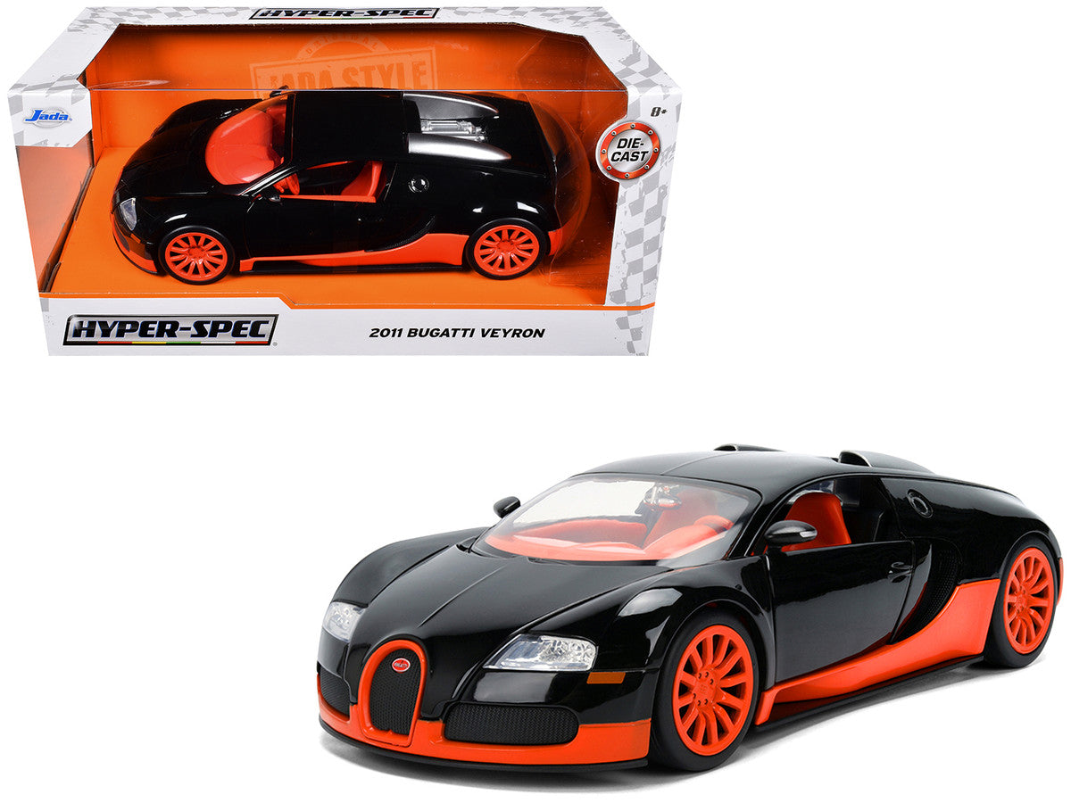 2011 Bugatti Veyron Black with Orange Accents and Orange Interior "Hyper-Spec" Series 1/24 Diecast Model Car by Jada-4
