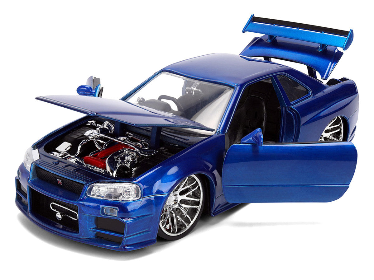 Brian's Nissan Skyline GT-R (R34) RHD (Right Hand Drive) Blue Color Brush Finish 25 Years of Fast & Furious Anniversary "2 Fast 2 Furious" (2003) Movie "Fast & Furious" 1/24 Diecast Model Car by Jada-1