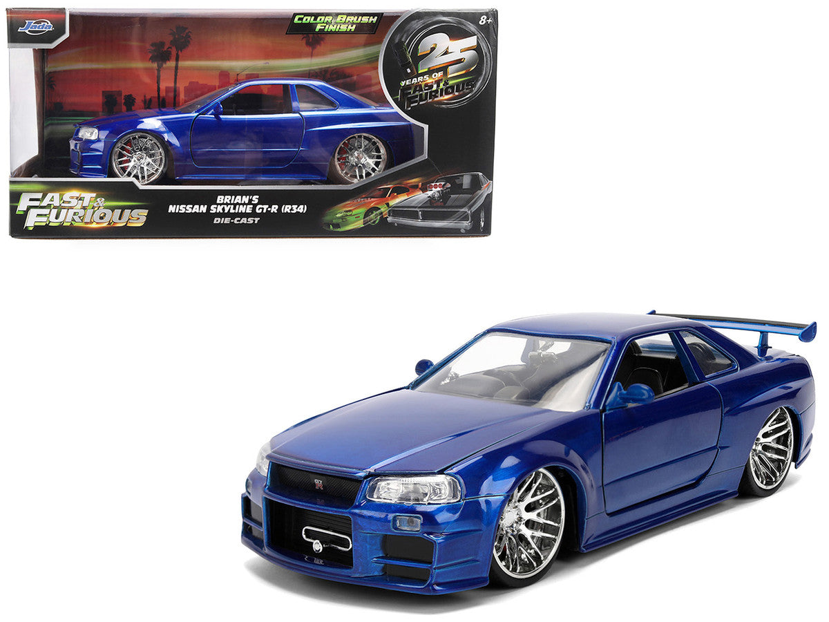 Brian's Nissan Skyline GT-R (R34) RHD (Right Hand Drive) Blue Color Brush Finish 25 Years of Fast & Furious Anniversary "2 Fast 2 Furious" (2003) Movie "Fast & Furious" 1/24 Diecast Model Car by Jada-0