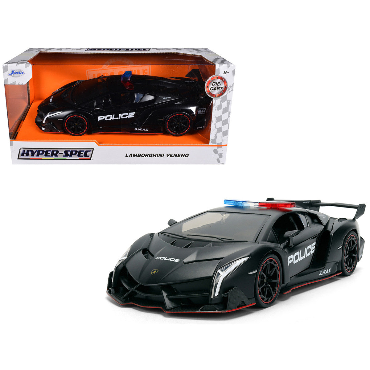 Lamborghini Veneno "Police" Matt Black "Hyper-Spec" Series 1/24 Diecast Model Car by Jada-0