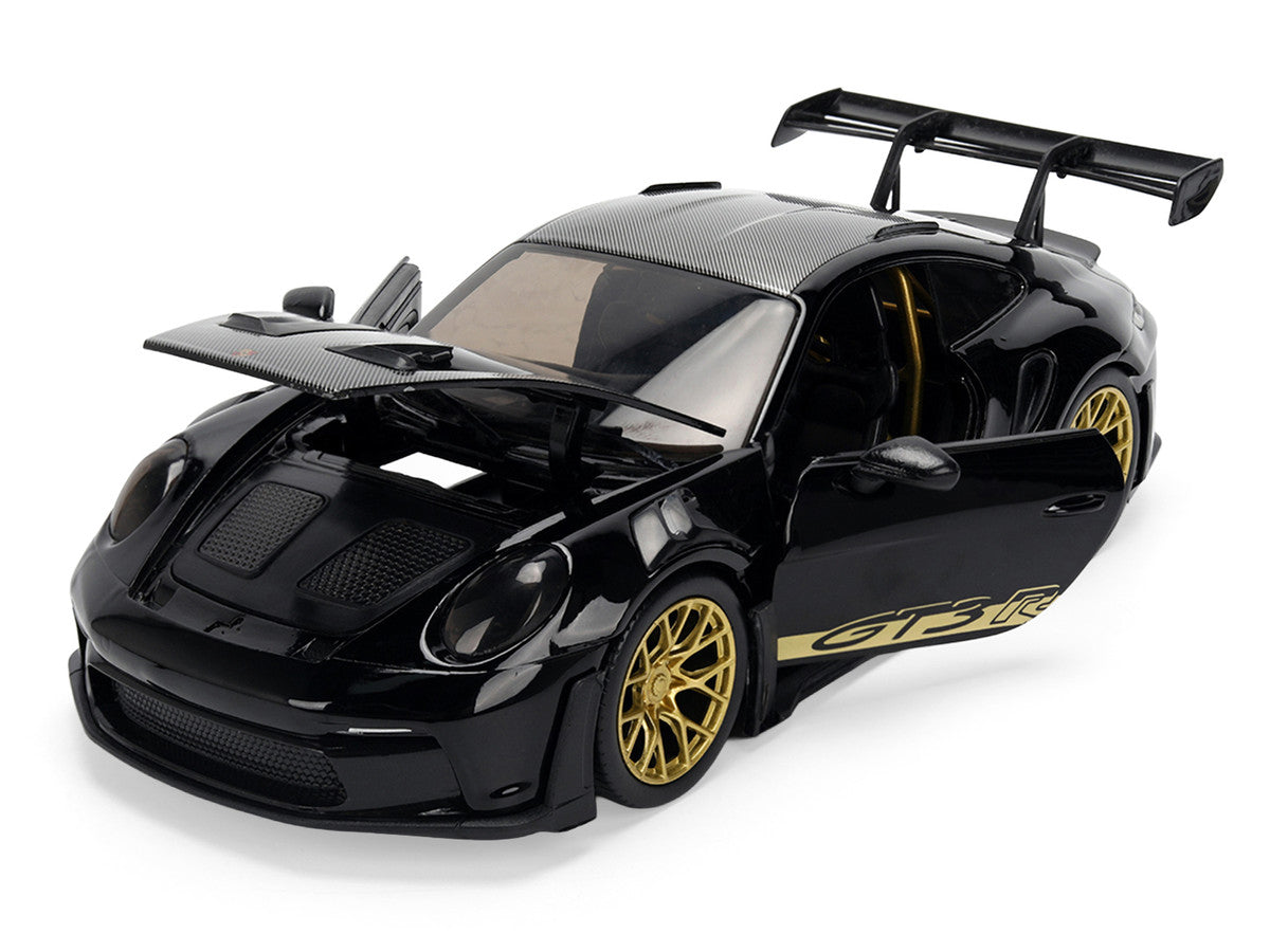 Porsche 911 (992) GT3 RS Black with Carbon Top and Hood Stripes and Gold Wheels "Hyper-Spec" 1/24 Diecast Model Car by Jada-2