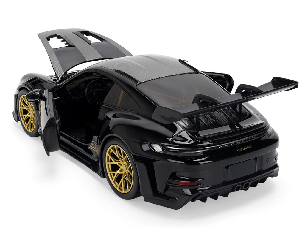Porsche 911 (992) GT3 RS Black with Carbon Top and Hood Stripes and Gold Wheels "Hyper-Spec" 1/24 Diecast Model Car by Jada-1
