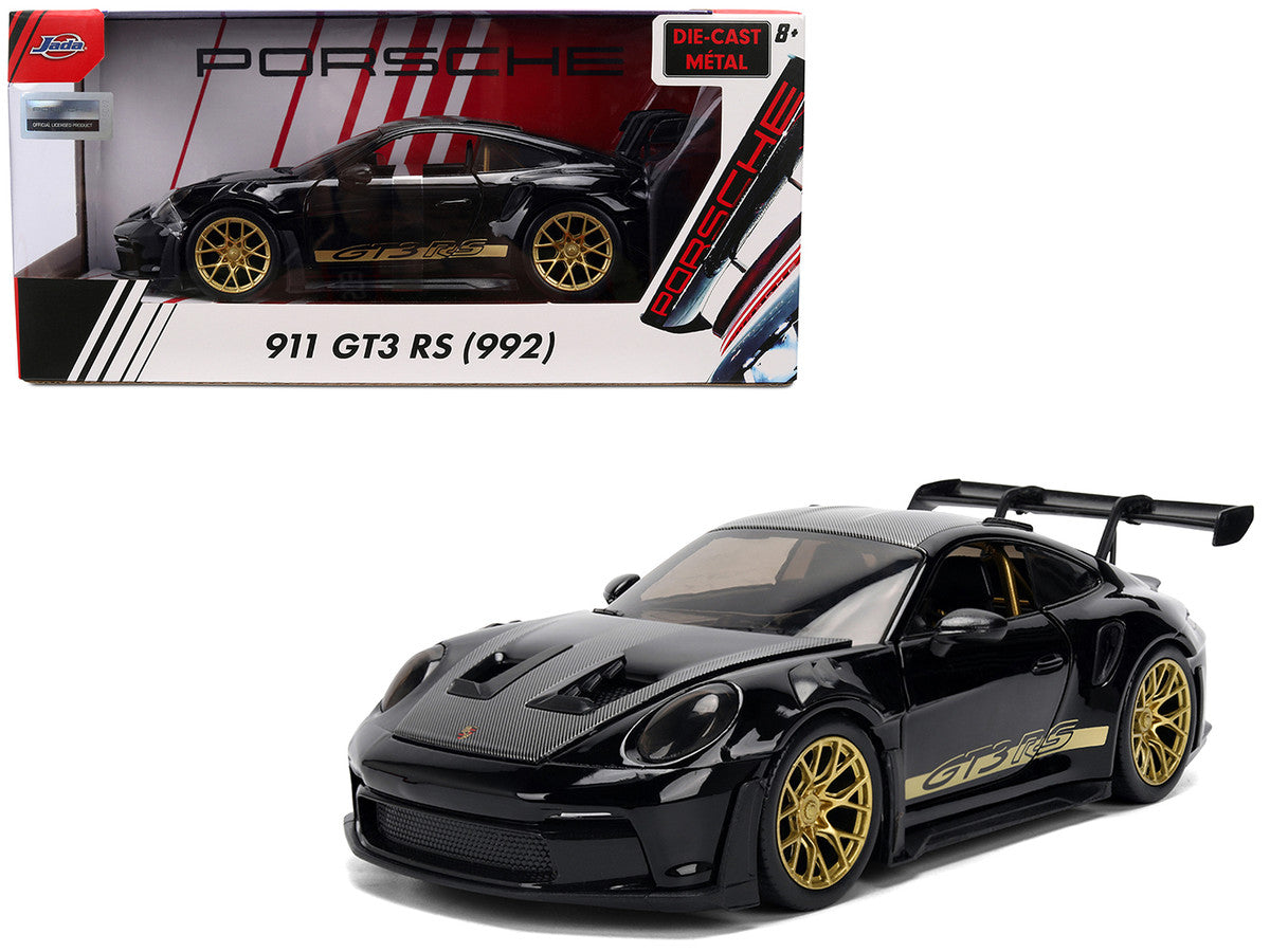 Porsche 911 (992) GT3 RS Black with Carbon Top and Hood Stripes and Gold Wheels "Hyper-Spec" 1/24 Diecast Model Car by Jada-4