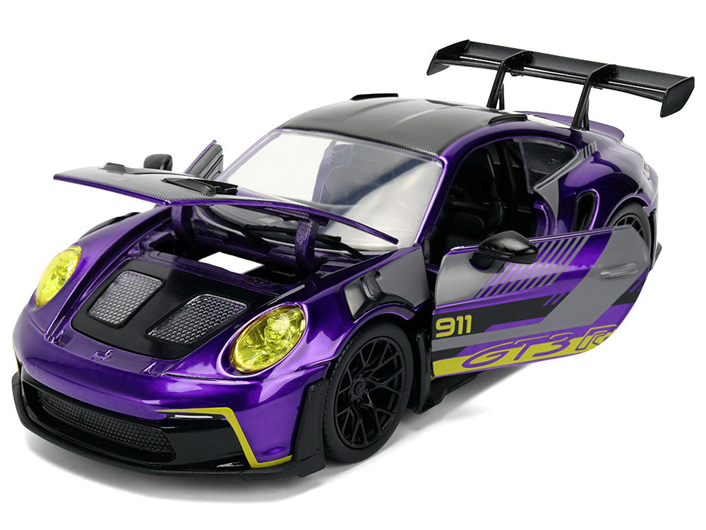 Porsche 911 GT3 RS (992) Candy Purple with Carbon Top and Hood Stripes and Graphics "AutoWorks" Series 1/24 Diecast Car Model by Jada-1