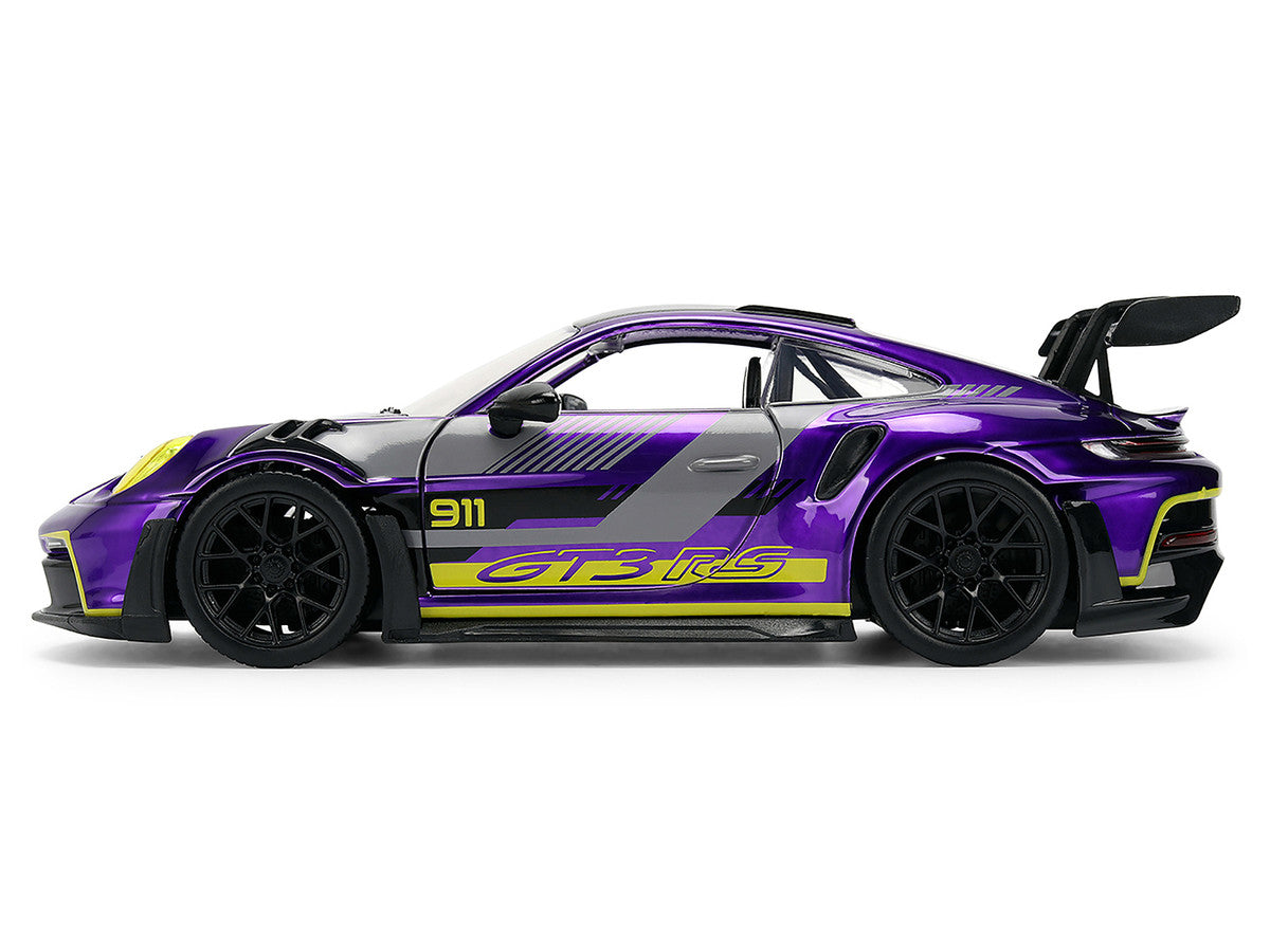 Porsche 911 GT3 RS (992) Candy Purple with Carbon Top and Hood Stripes and Graphics "AutoWorks" Series 1/24 Diecast Car Model by Jada-2