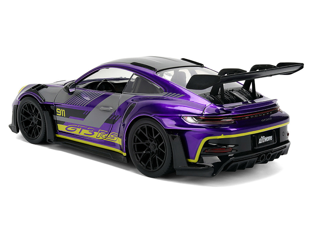 Porsche 911 GT3 RS (992) Candy Purple with Carbon Top and Hood Stripes and Graphics "AutoWorks" Series 1/24 Diecast Car Model by Jada-4