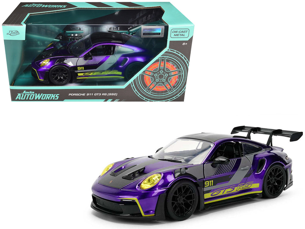 Porsche 911 GT3 RS (992) Candy Purple with Carbon Top and Hood Stripes and Graphics "AutoWorks" Series 1/24 Diecast Car Model by Jada-0