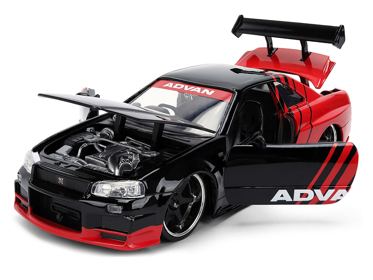 2002 Nissan Skyline GT-R (R34) RHD (Right Hand Drive) "ADVAN" Black and Red "AutoWorks" Series 1/24 Diecast Car Model by Jada-1