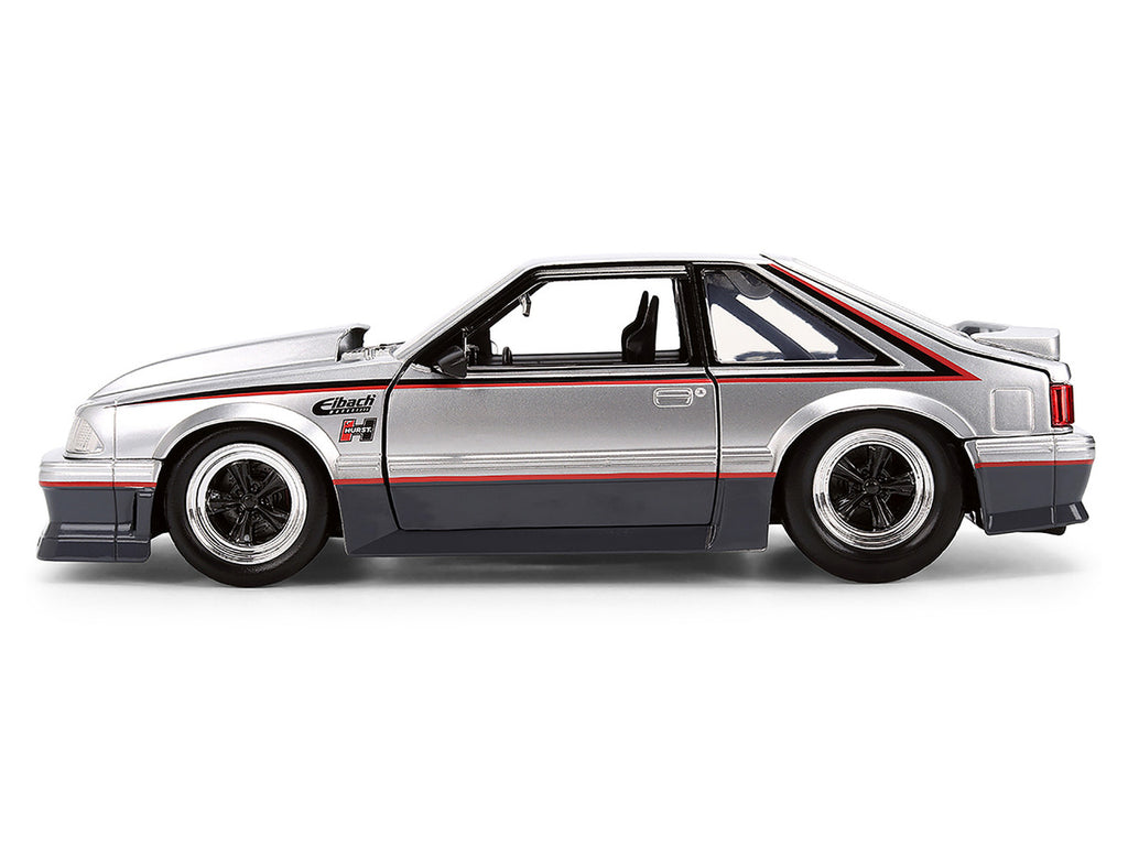 1989 Ford Mustang GT Silver Metallic and Gray with Black and Red Stripes "AutoWorks" Series 1/24 Diecast Car Model by Jada-2
