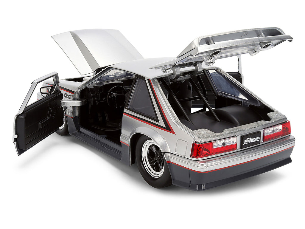 1989 Ford Mustang GT Silver Metallic and Gray with Black and Red Stripes "AutoWorks" Series 1/24 Diecast Car Model by Jada-3