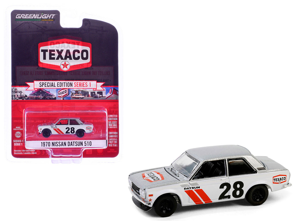 1970 Nissan Datsun 510 #28 "Texaco" Silver Metallic and White with Red Stripes "Texaco Special Edition" Series 1 1/64 Diecast Model Car by Greenlight-4