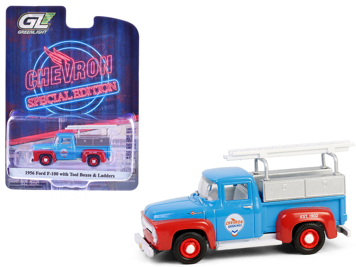 1956 Ford F-100 Pickup Truck with Tool Boxes and Ladders "Chevron" Blue and Red "Chevron Special Edition" Series 1 1/64 Diecast Model Car by Greenlight-4