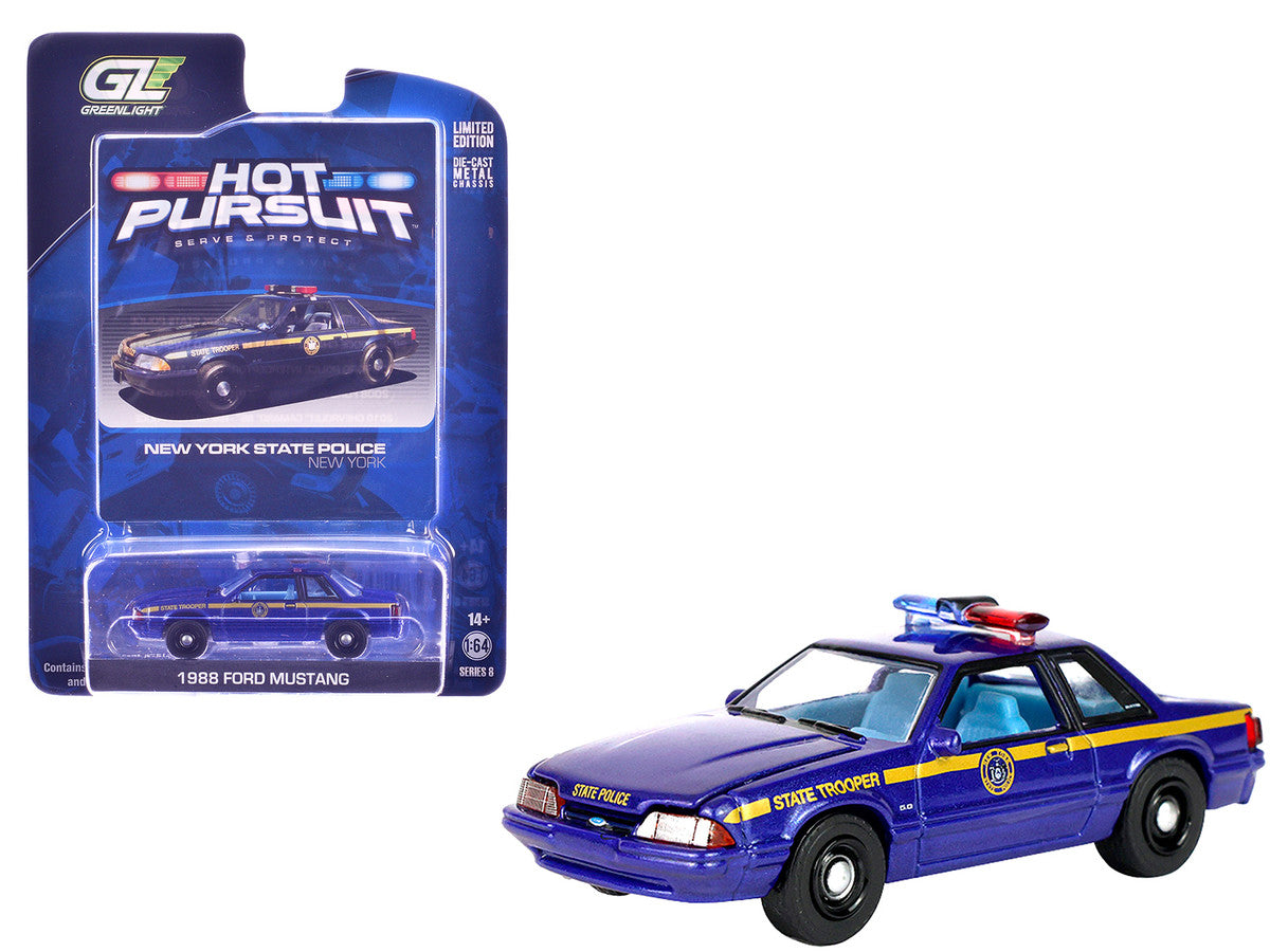 1988 Ford Mustang "New York State Police" Blue with Yellow Stripes and Blue Interior "Hot Pursuit" Series 8 1/64 Diecast Model Car by Greenlight-4