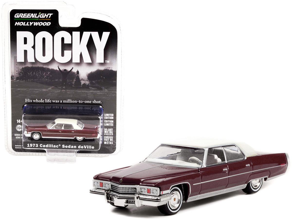 1973 Cadillac Sedan DeVille Burgundy with White Top "Rocky" (1976) Movie "Hollywood Series" Release 35 1/64 Diecast Model Car by Greenlight-0
