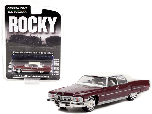 1973 Cadillac Sedan DeVille Burgundy with White Top "Rocky" (1976) Movie "Hollywood Series" Release 35 1/64 Diecast Model Car by Greenlight-0