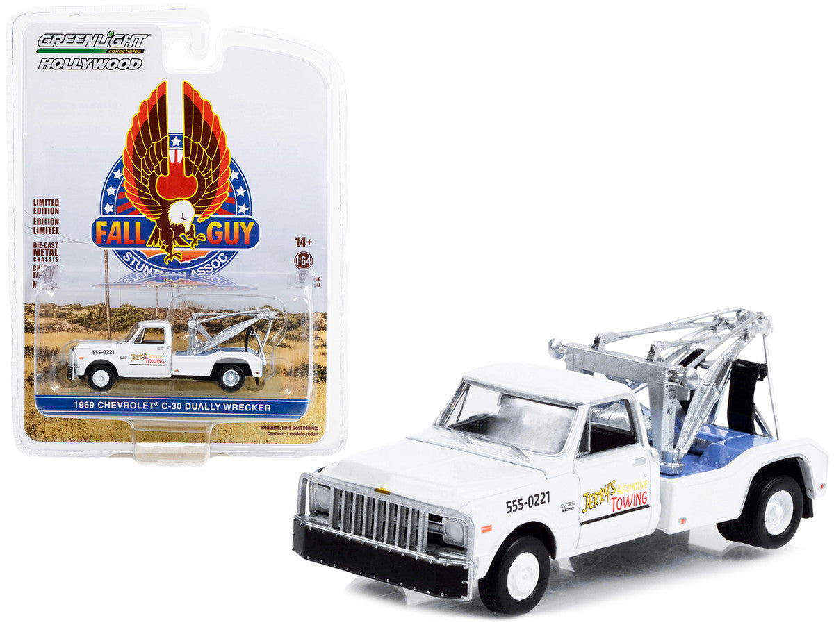 1969 Chevrolet C-30 Dually Wrecker Tow Truck White "Jerry’s Towing" "Fall Guy Stuntman Association" Hollywood Special Edition 1/64 Diecast Model Car by Greenlight-0