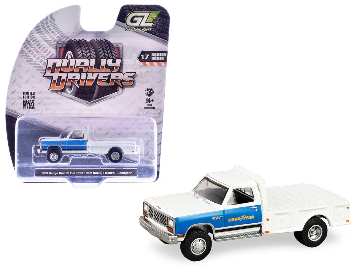 1981 Dodge Ram W350 Power Ram Dually Flatbed Truck "Goodyear" White with Blue Sides "Dually Drivers" Series 17 1/64 Diecast Model Car by Greenlight-4