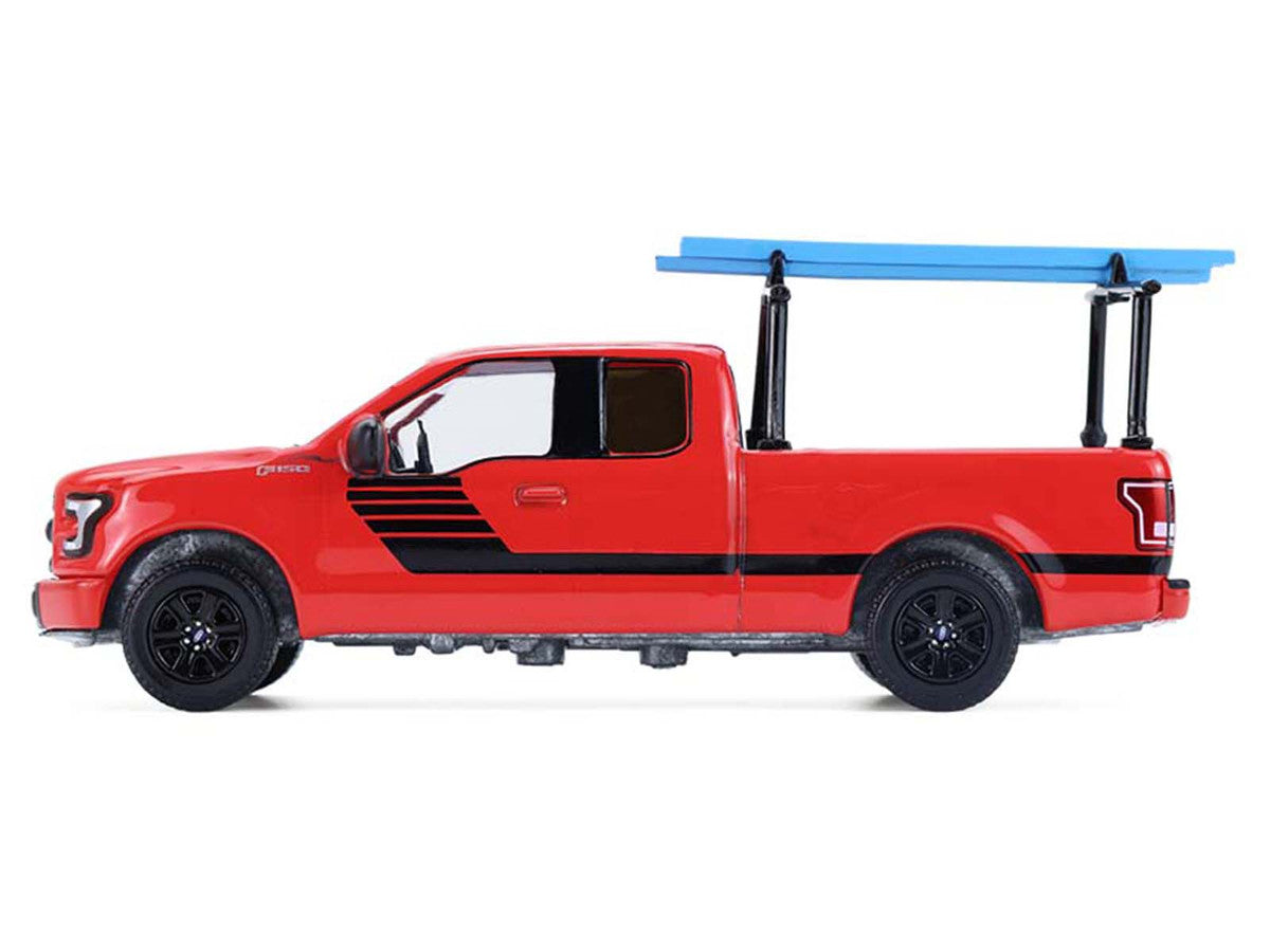 2015 Ford F-150 Pickup Truck with Ladder Rack Red with Black Stripes "Down on the Farm" Series 11 1/64 Diecast Model by Greenlight-1