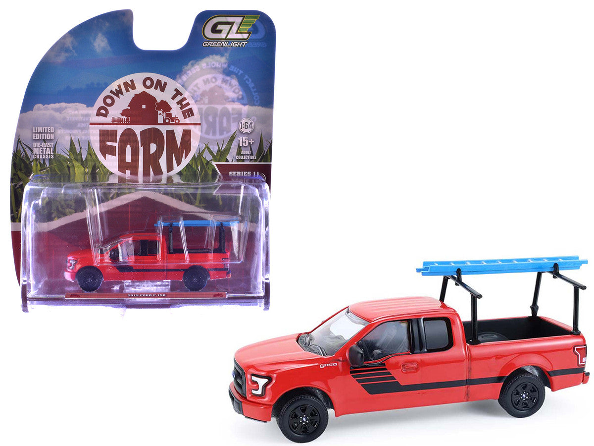 2015 Ford F-150 Pickup Truck with Ladder Rack Red with Black Stripes "Down on the Farm" Series 11 1/64 Diecast Model by Greenlight-0