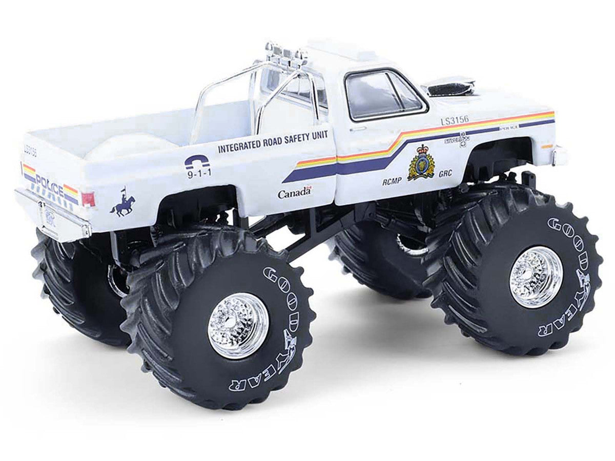 1986 Chevrolet Silverado Monster Truck "Royal Canadian Mounted Police" White with Stripes "Kings of Crunch - Hot Pursuit" Special Edition 1/64 Diecast Model Car by Greenlight-1