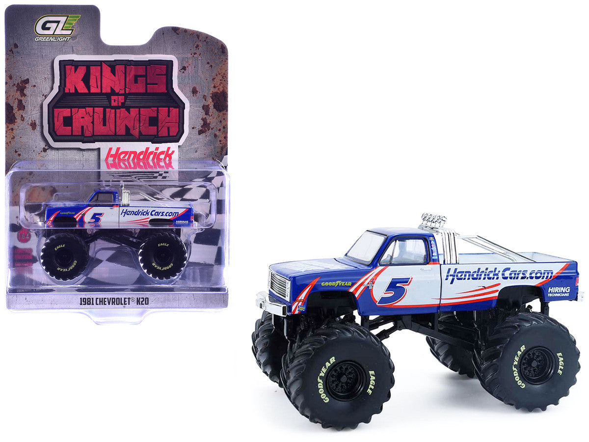 1981 Chevrolet K20 Monster Truck #5 "HendrickCars.com" Blue and White with Graphics "Kings of Crunch - Hendrick Motorsports Tribute" Special Edition 1/64 Diecast Model Car by Greenlight-0