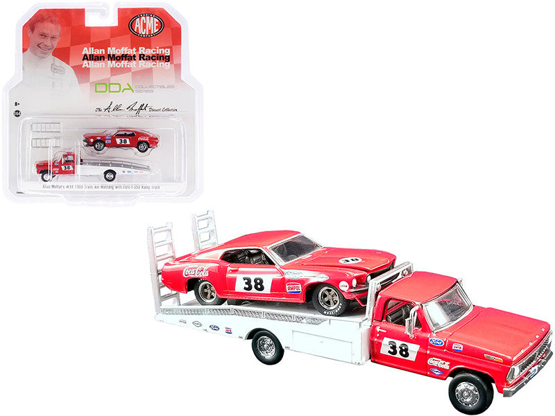 Ford F-350 Ramp Truck #38 Red and White with 1969 Ford Mustang Trans Am #38 Red "Coca-Cola" Allan Moffat Racing "DDA Collectibles" Series "ACME Exclusive" 1/64 Diecast Model Cars by Greenlight for ACME-0
